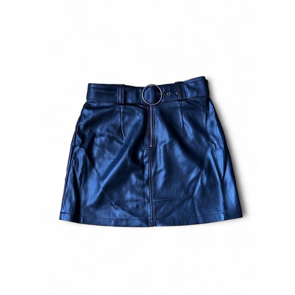 Hollister Faux Leather Mini Skirt Y2K Moto Belted Biker Glam Front Zip Black XS